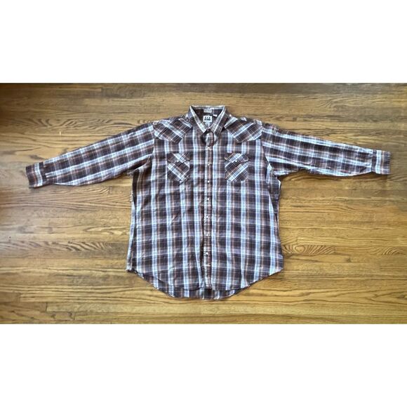 Vintage ELY CATTLEMAN Brown Plaid Pearl Snap Button Up Shirt Top  Mens Size 3XL - Picture 3 of 9